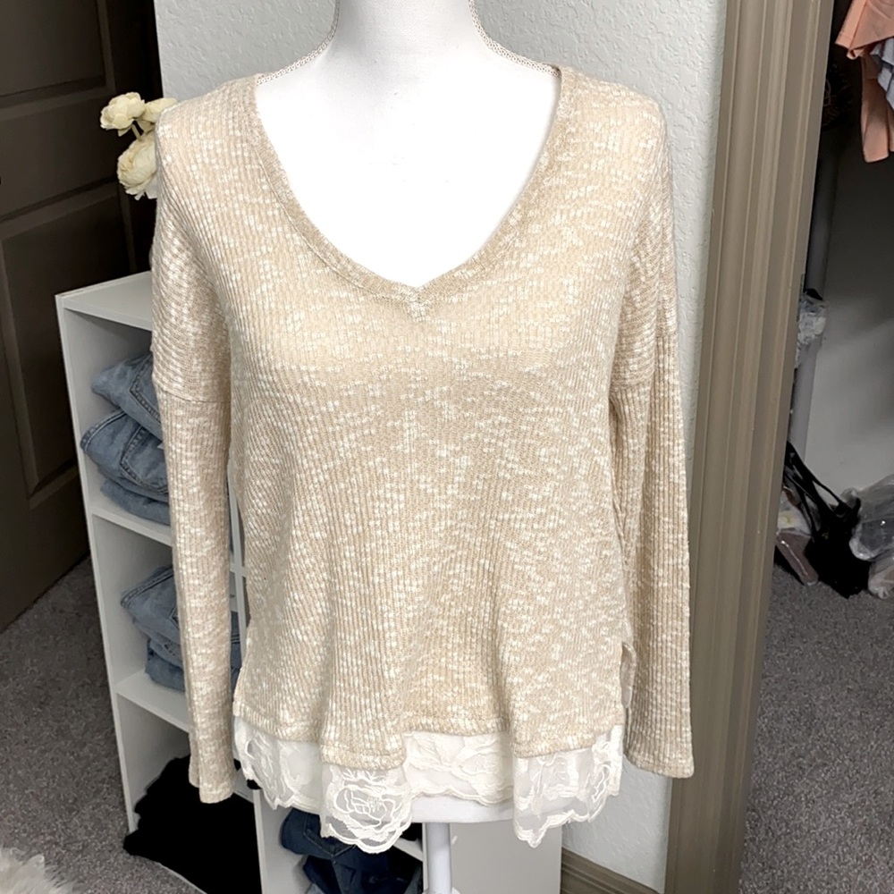 Jessica Simpson Tan Lace Trim Knit Top Size Small